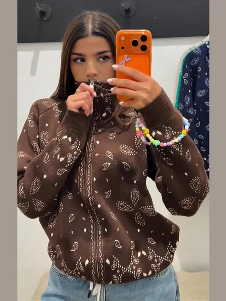 Casual Knit Printed Sweater Women Autumn Winter Loose Stand Collar Long Sleeve Button Knitwear Female 2026 Chic Lady Cardigan