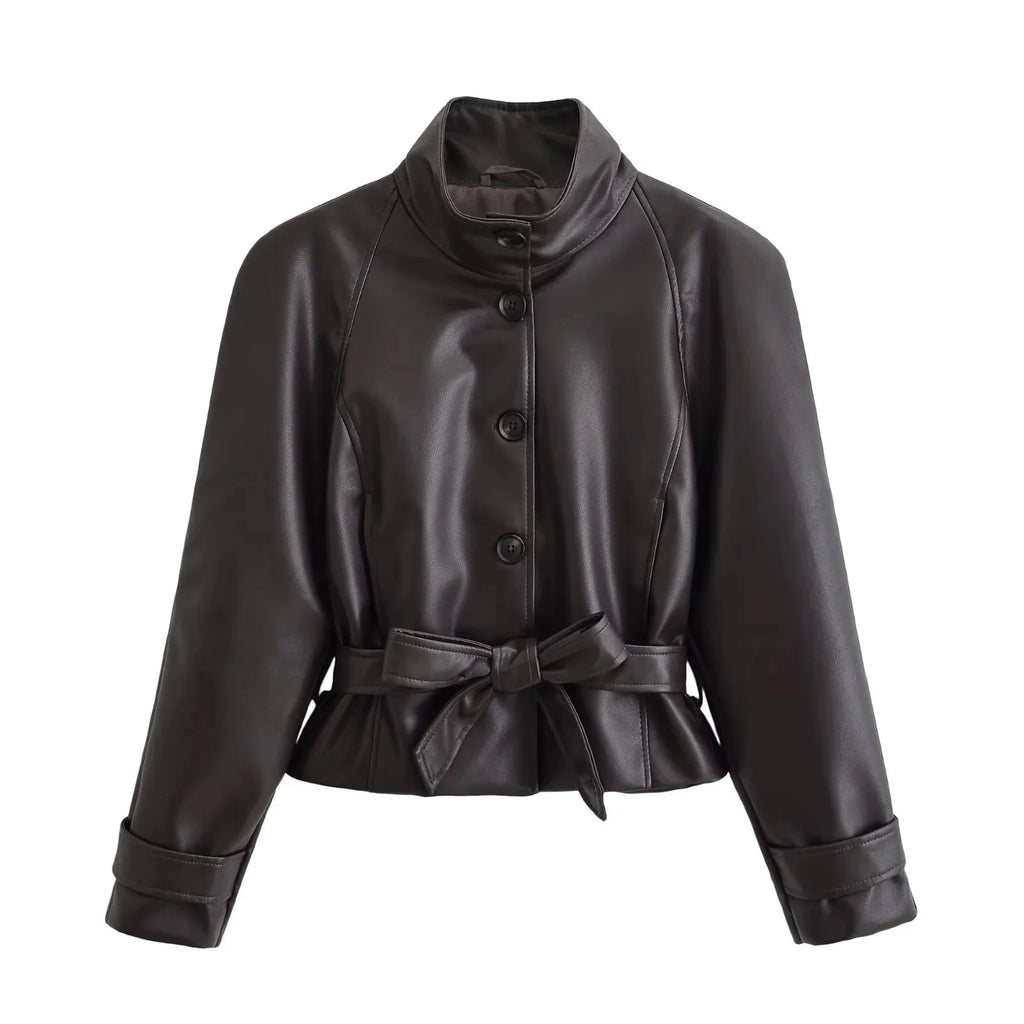 Women's Faux Leather Casual Fashion Jacket Belted Stand-Collar Button-Front Coat