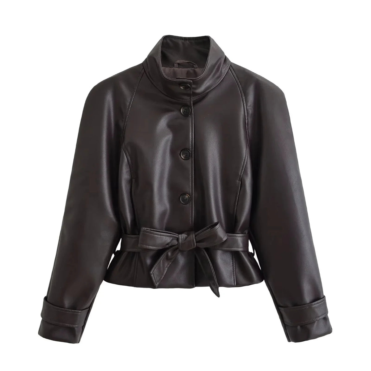 Women's Faux Leather Casual Fashion Jacket Belted Stand-Collar Button-Front Coat