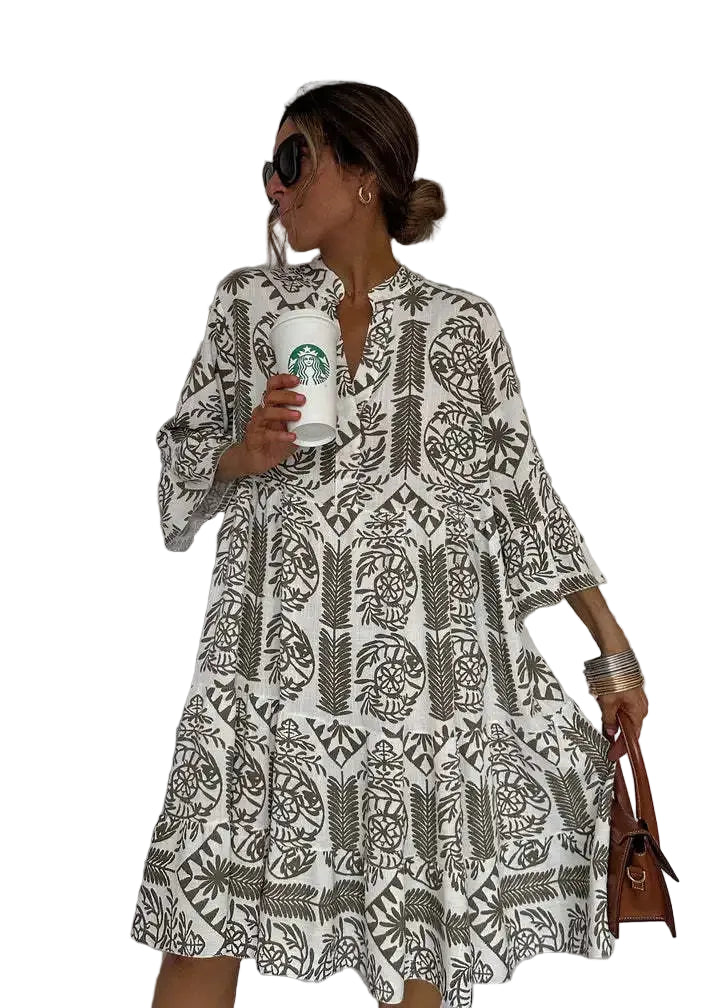 Bohemian Print Midi Dress – V-Neck 3/4 Sleeve Beach Dress