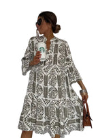 Bohemian Print Midi Dress – V-Neck 3/4 Sleeve Beach Dress