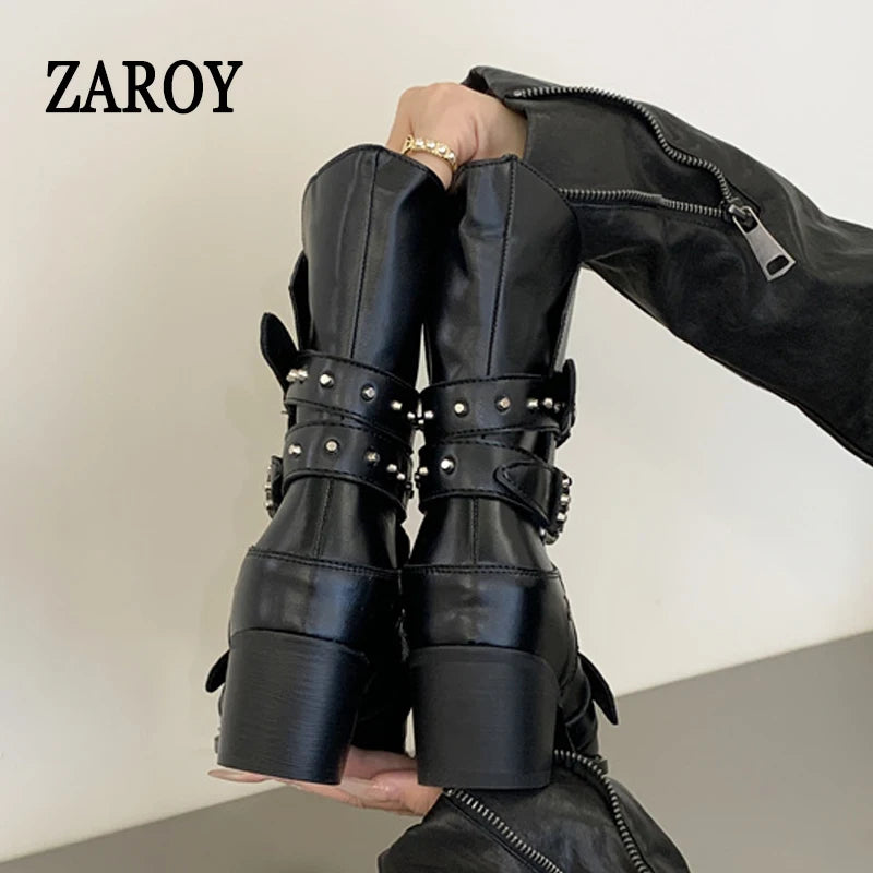 Women's Black Buckle Ankle Boots with Block Heels