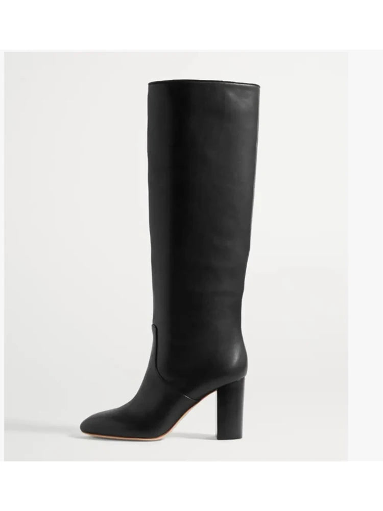 Arden Furtado Women's Genuine Leather Knee-High Riding Boots – Round Toe Square Heel