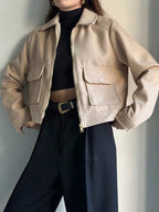 Women's Zipper Jacket Coat Winter Long Sleeve Pocket Outerwear Coat Short Street Elegant