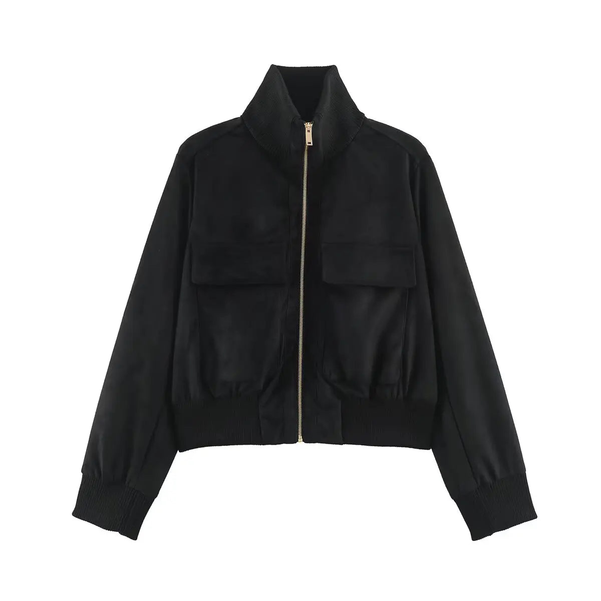 Jaqueta bomber falsa-suede preta com fecho dourado, gola alta levantada, dois grandes bolsos com aba e punhos.