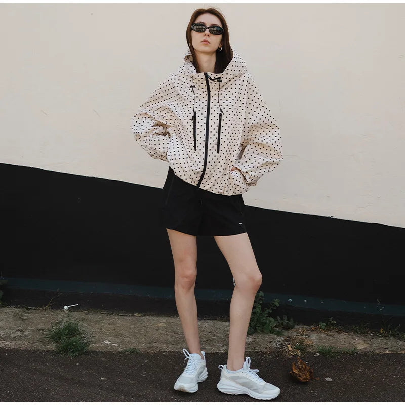 Polka Dot Hooded Women's Jacket Chic Turtleneck Zipper Long Sleeve Pockets Thin Coat 2026 Autumn Outerwear