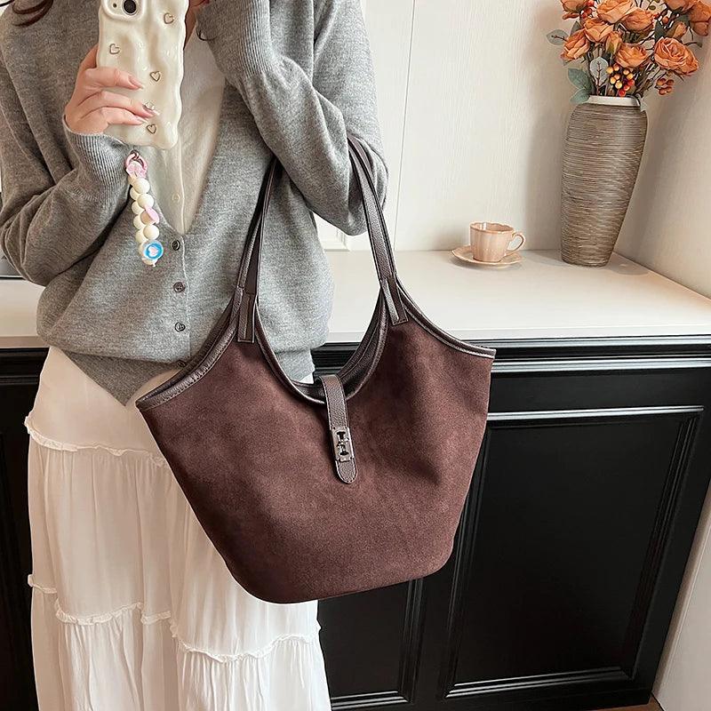 Small Nubuck Leather Shoulder Bags Women Zipper Turn Lock Matte Tote Handbags