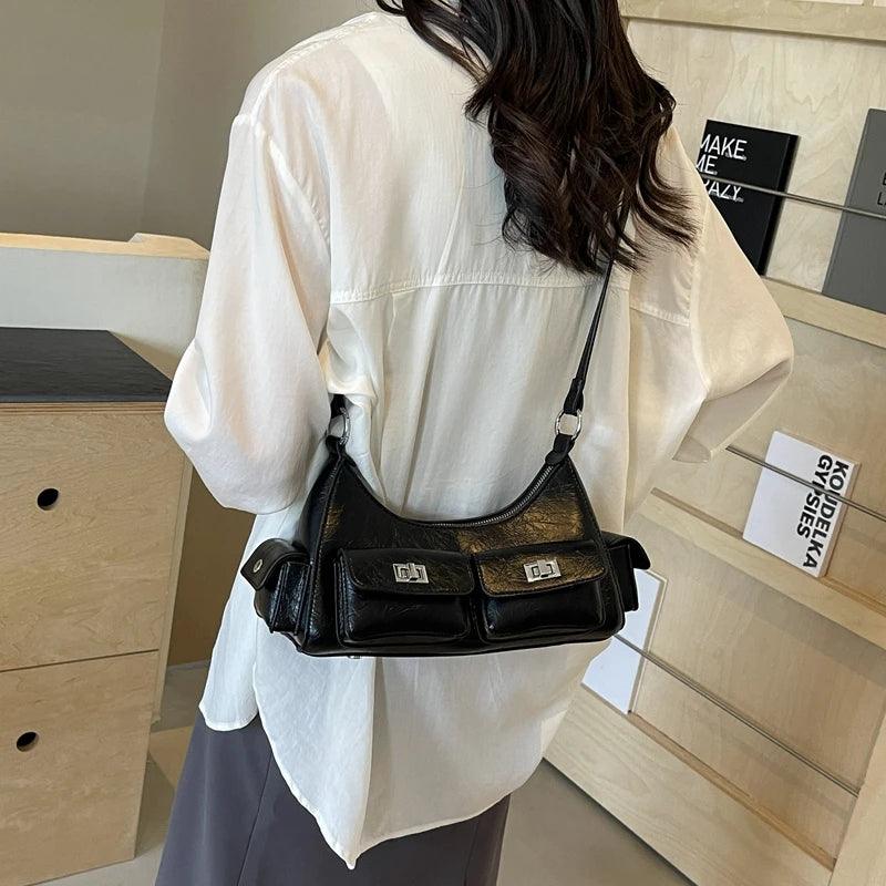 Double Pockets Retro Leather Shoulder Bags Women Zipper Small Crossbody Bags