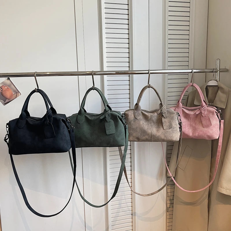 Women's Boston-Style PU Leather Shoulder Bag with Zipper