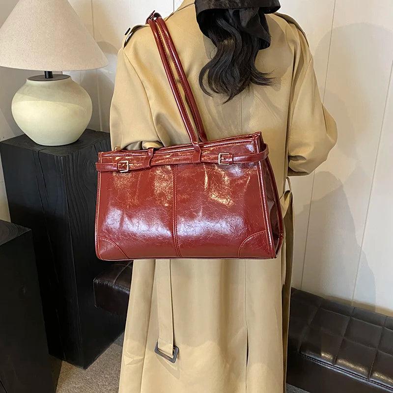 Large Leather Tote Bags Shoulder Bag Women Belt Style Zipper Handbags and Purses