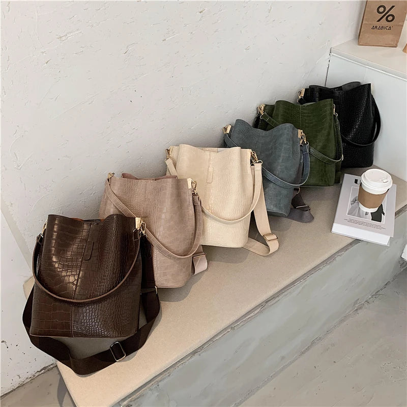 Women Bag Vintage Crocodile Pattern Crossbody Bags PU Leather Trend Designer Shoulder Handbags Large Capacity Bucket