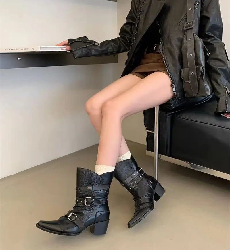 Women's Black Buckle Ankle Boots with Block Heels