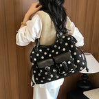 Women's Tote Bag Vintage Dot-Pattern Faux PU Leather Zipper Shoulder Bag with Phone Pocket