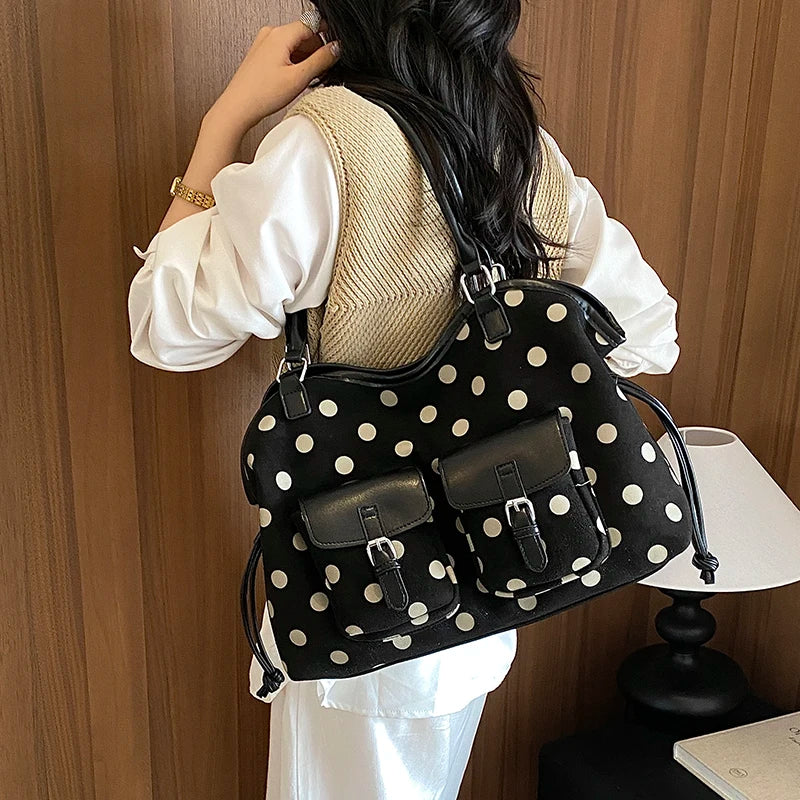 Women's Tote Bag Vintage Dot-Pattern Faux PU Leather Zipper Shoulder Bag with Phone Pocket