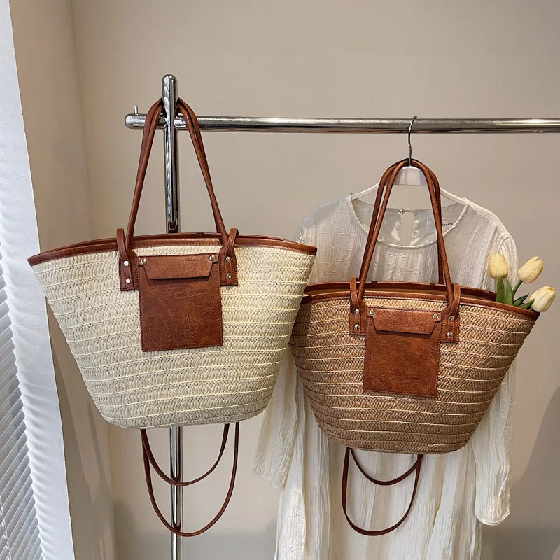 Large Straw Tote Bags Women's Zipper Woven Double Shoulder Straps Handbags