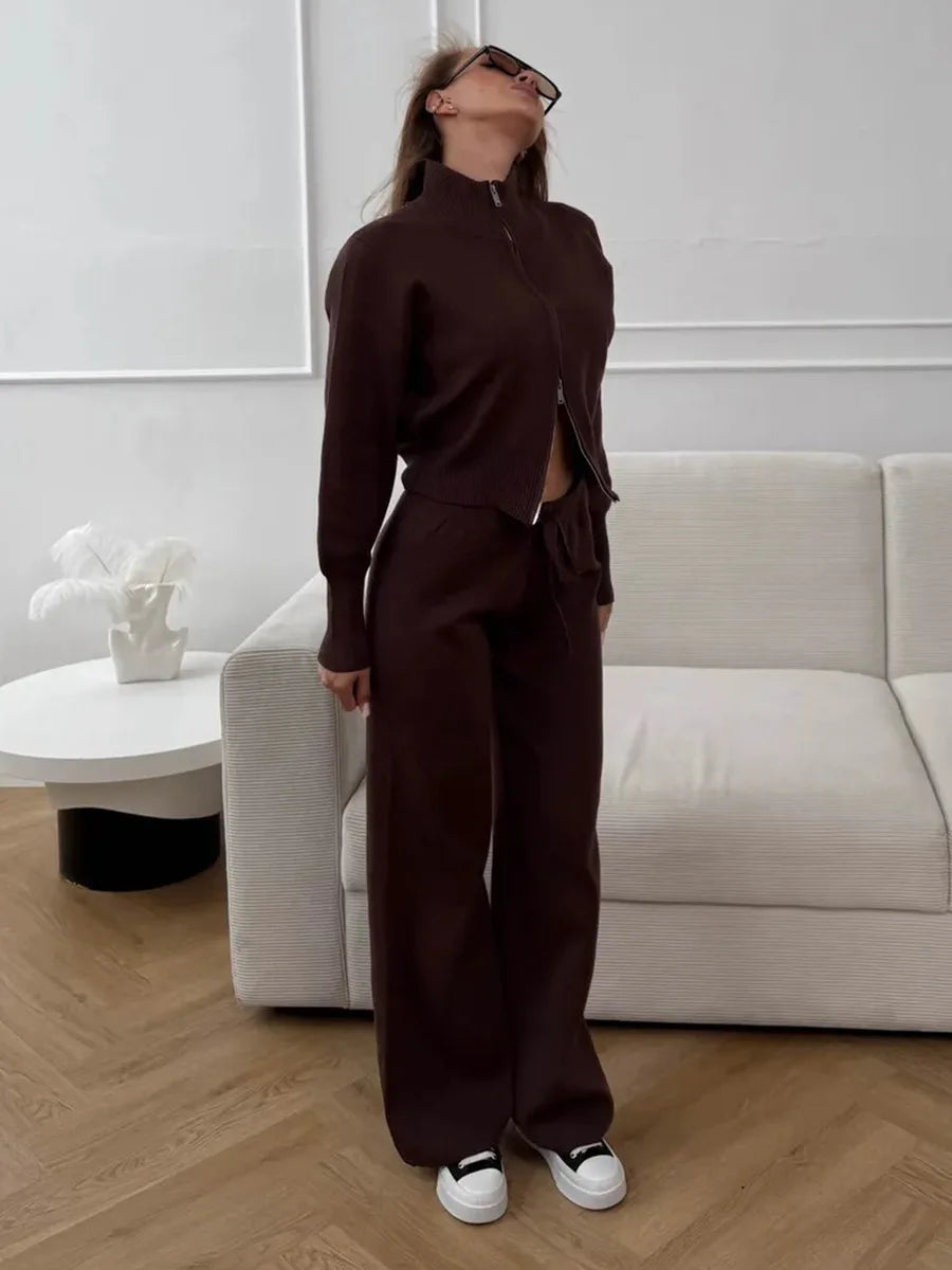 Women's Knit 2-Piece Set Zip-Up Stand Collar Cardigan Wide-Leg Ankle Pants Office Lady Autumn Winter Outfit