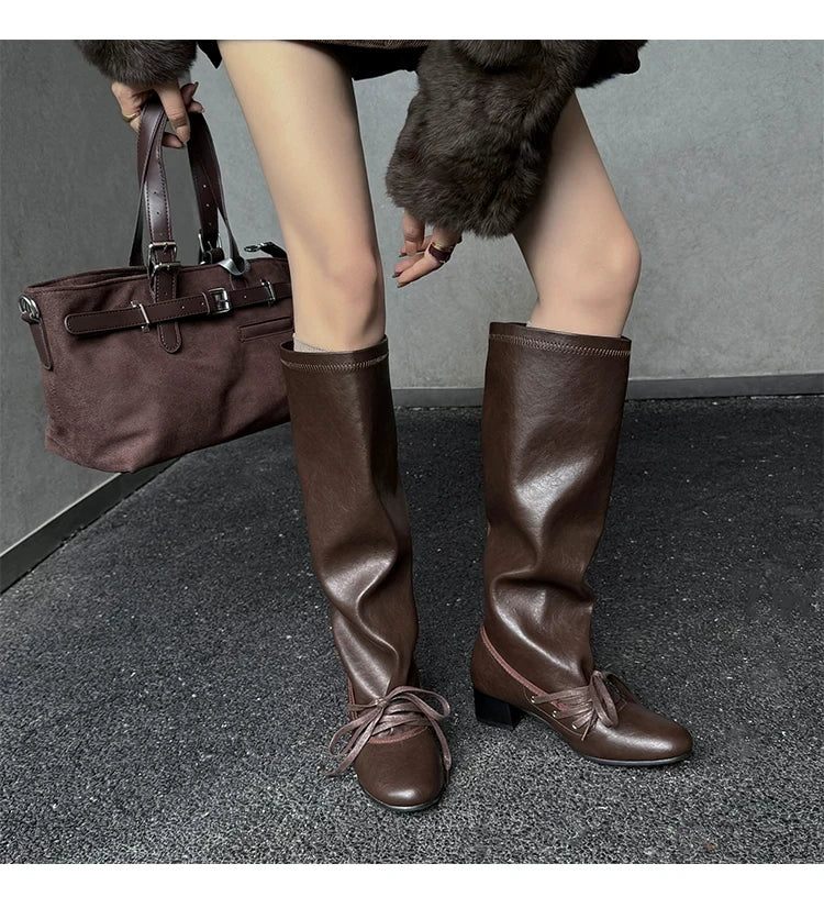 Women's Knee-High Block Heel Boots with Lace-Up Detail