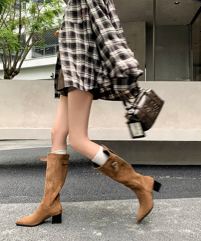 Women's Faux Suede Knee-High Boots with Buckle Detail