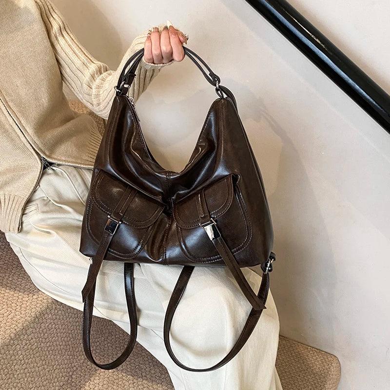 Nubuck Leather Shoulder Bags Flap Outer Pockets Women Soft Handbags Purses