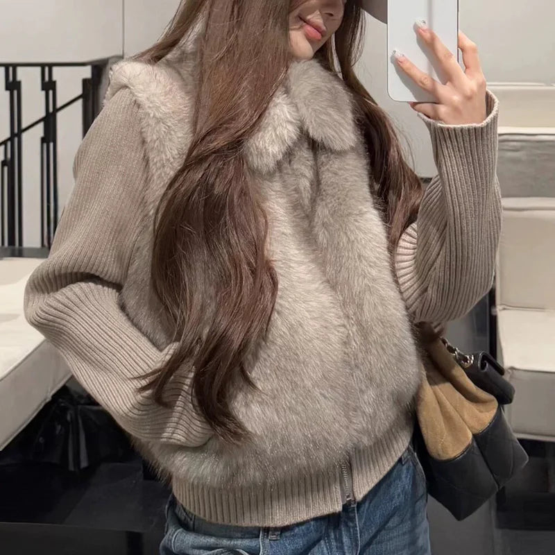 Women's Cropped Faux Fur Jacket with Ribbed Knit Sleeves