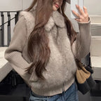 Women's Cropped Faux Fur Jacket with Ribbed Knit Sleeves