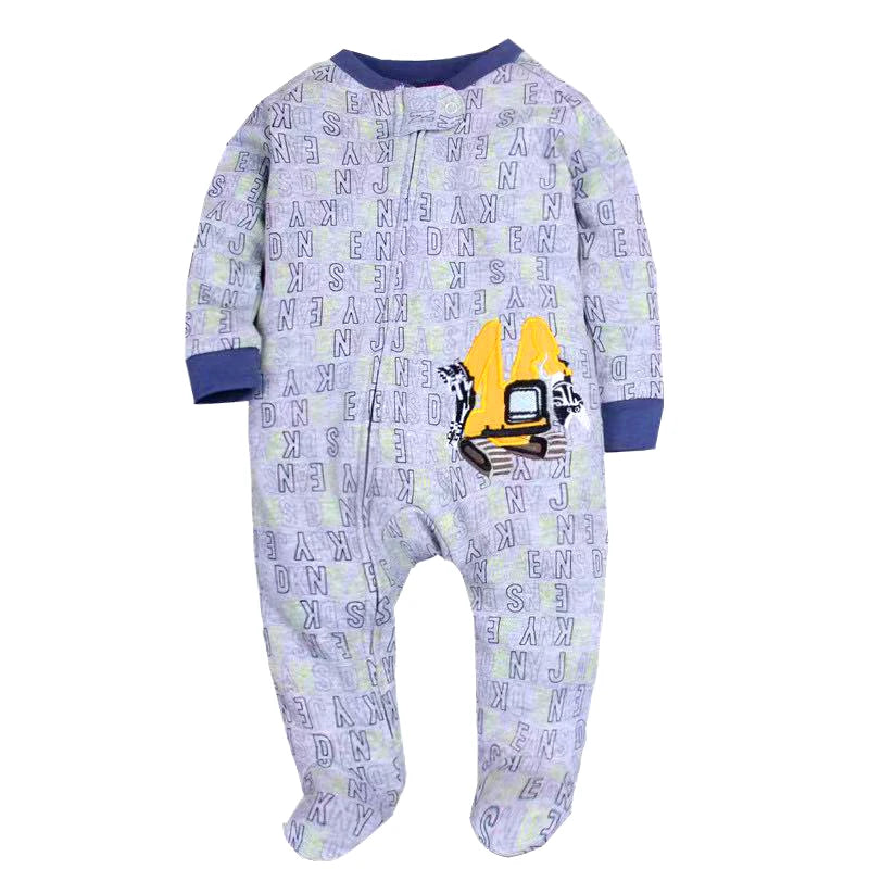 Lavender alphabet print footed onesie with navy cuffs and yellow excavator graphic applique