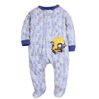 Lavender alphabet print footed onesie with navy cuffs and yellow excavator graphic applique