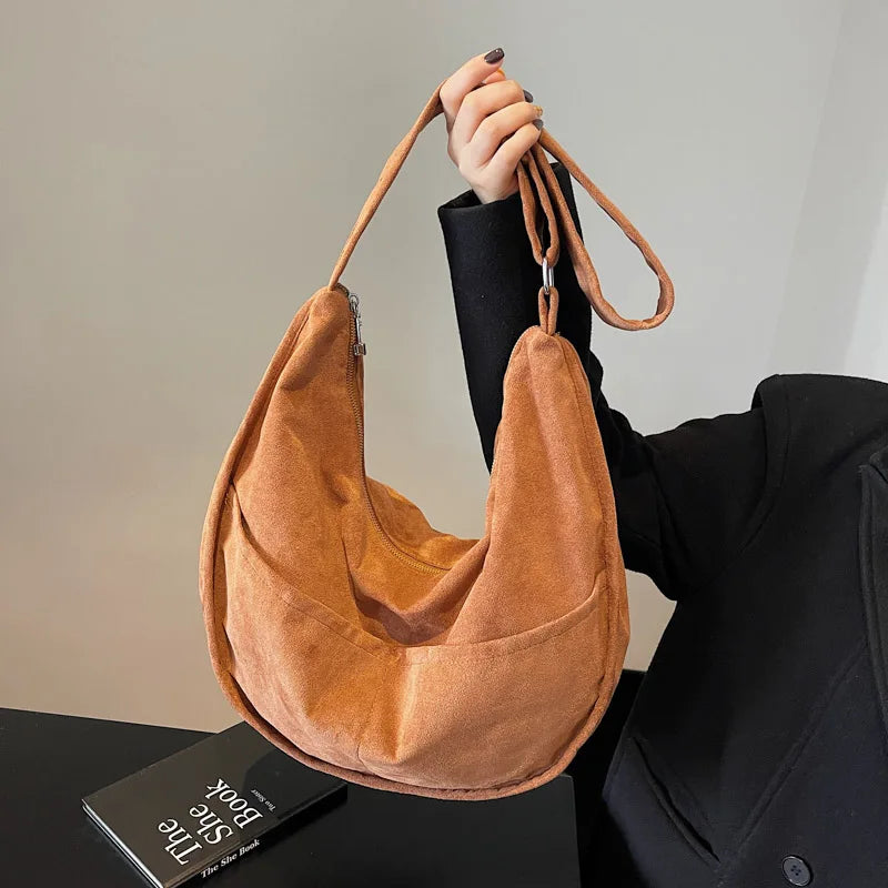 Large Suede Retro Shoulder Bag Women Zipper Soft Outer Pockets Hobo Handbags