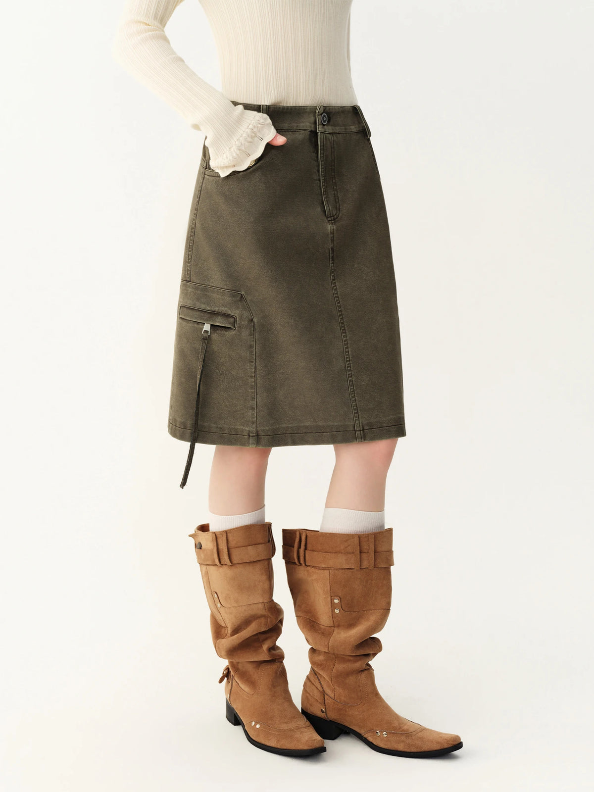 Women's Skirt Viscose Broadcloth Straight Cargo-Style Pockets High-Rise Empire Waist Knee-Length Casual Winter