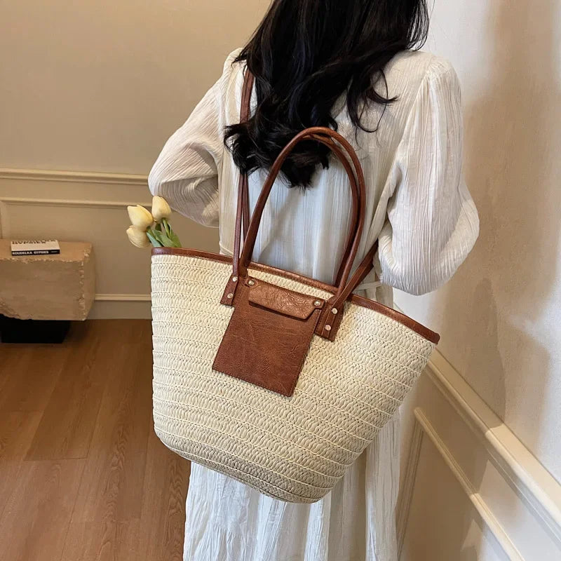 Large Straw Tote Bags Women's Zipper Woven Double Shoulder Straps Handbags