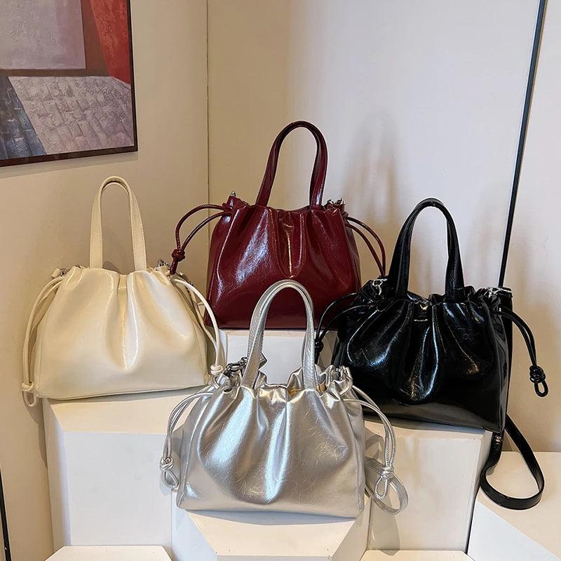 Small Leather Bucket Bags Tote Handbags Women Drawstring Crossbody Bags