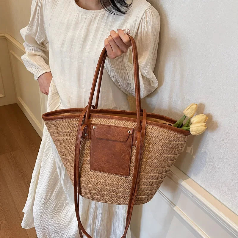 Large Straw Tote Bags Women's Zipper Woven Double Shoulder Straps Handbags