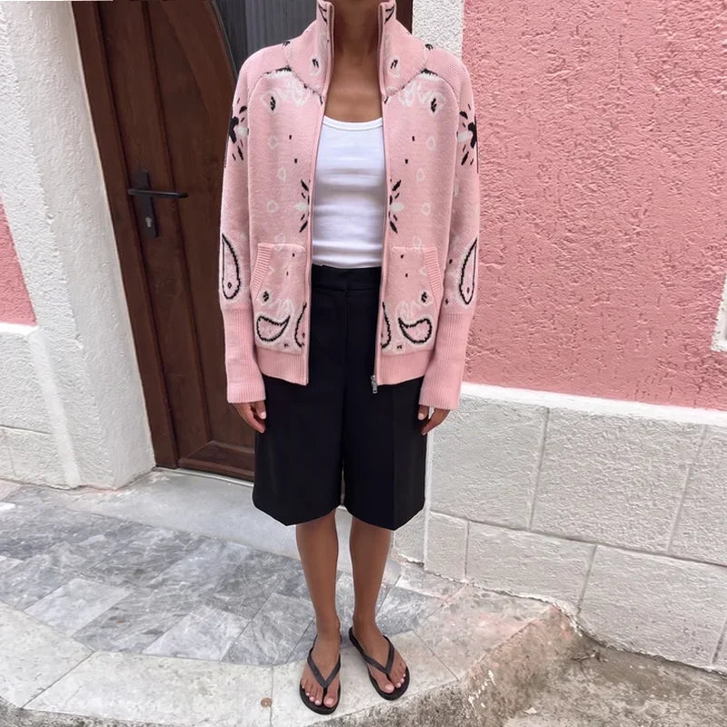 Casual Knit Printed Sweater Women Autumn Winter Loose Stand Collar Long Sleeve Button Knitwear Female 2026 Chic Lady Cardigan