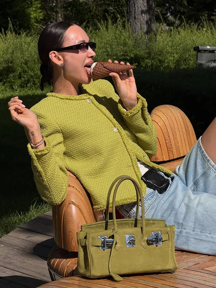 Urban Green Women Jacket Elegant Long Sleeve O-neck Single Breasted Female Outwear 2026 Autumn Winter Chic New Lady Streetwear