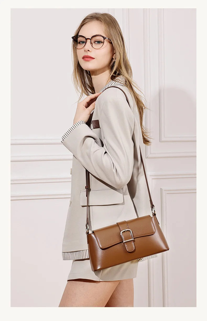 Women's Genuine Leather Baguette Shoulder Bag – Vintage Cowhide Crossbody