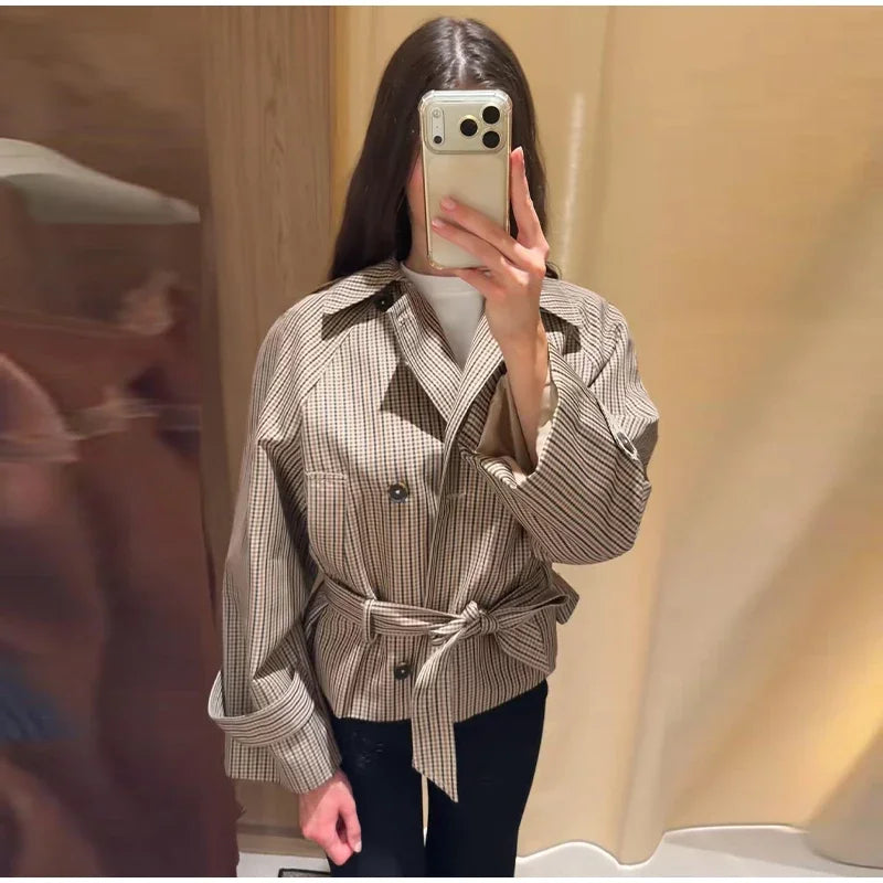 Women's Jacket Polyester Plaid Loose Stand Collar Full-Zip Full-Sleeve Casual Autumn Outerwear