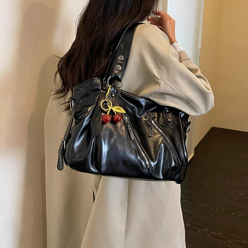 Women's Faux Leather Tote Shoulder Bag with Charm