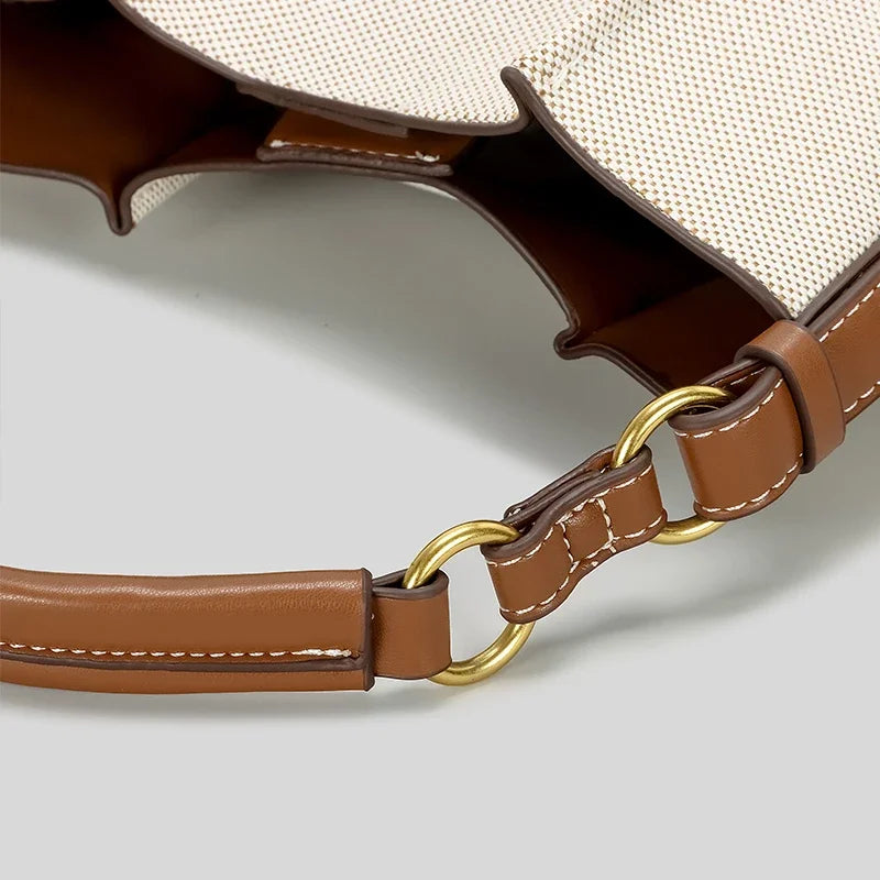 Women's Canvas & PU Leather Bucket Bag with Wide Crossbody Strap