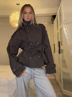 Women's Jacket Solid Lace-Up Double-Breasted Turn-Down Collar Full-Sleeve High-Waist Short Streetwear Coat