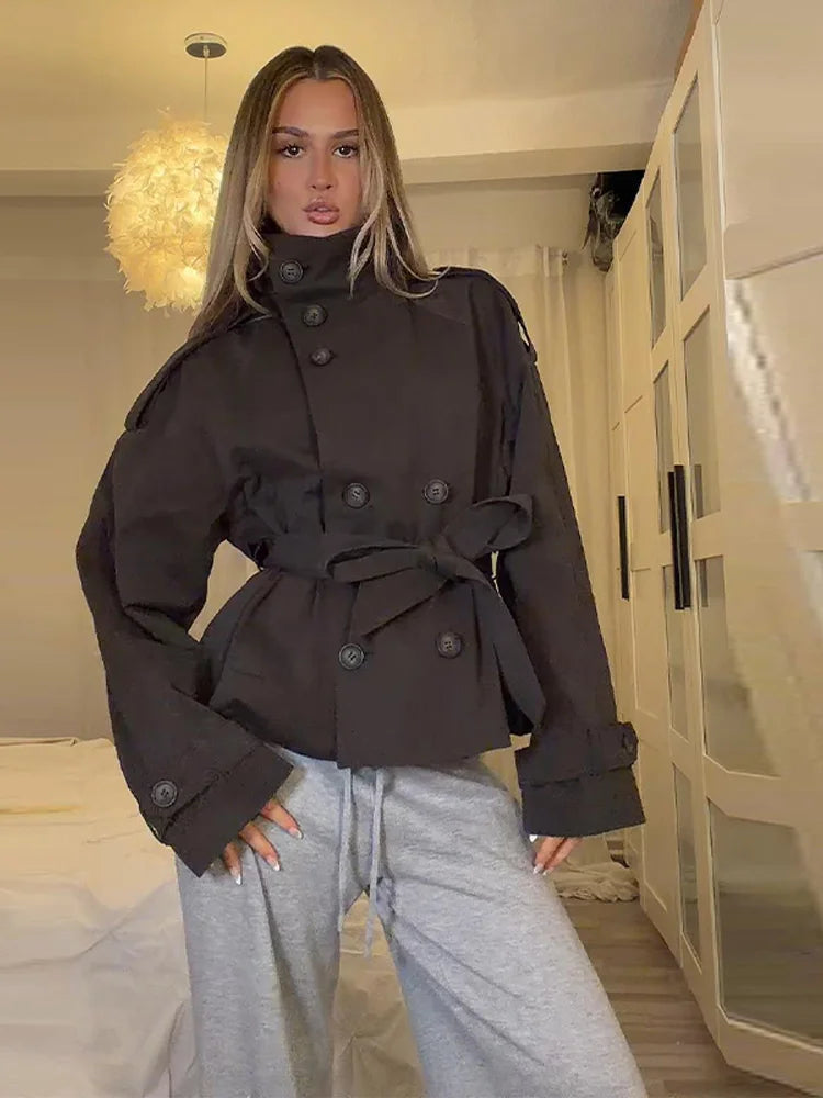 Women's Jacket Solid Lace-Up Double-Breasted Turn-Down Collar Full-Sleeve High-Waist Short Streetwear Coat