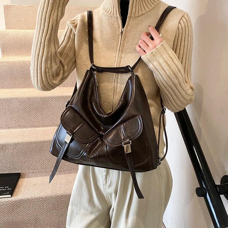 Nubuck Leather Shoulder Bags Flap Outer Pockets Women Soft Handbags Purses