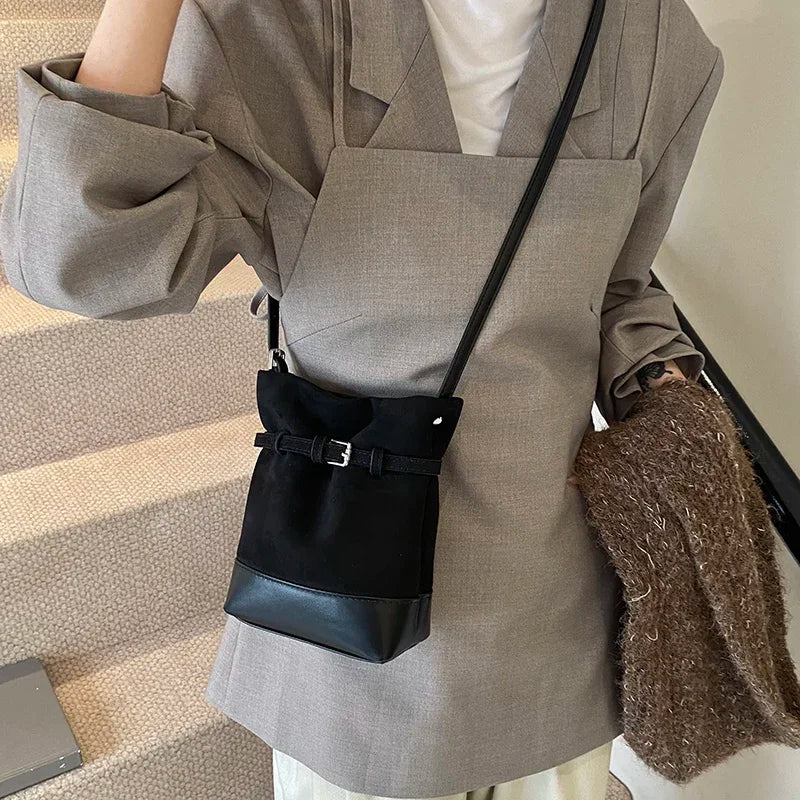 Mini Bucket Bags Suede Leather Crossbody Women Snap Soft Matte Belted Handbags