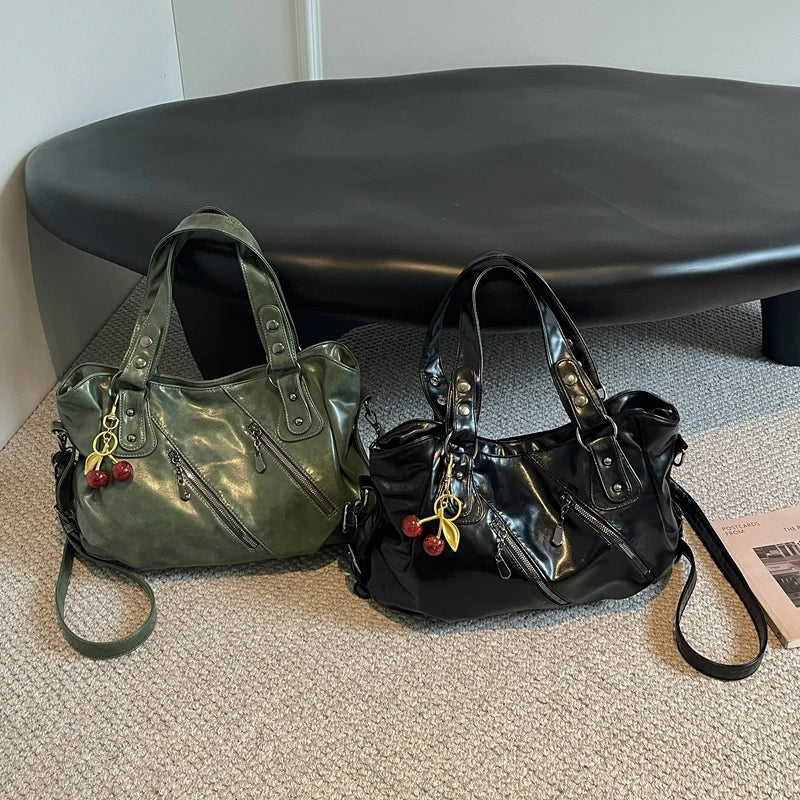 Women's Faux Leather Tote Shoulder Bag with Charm