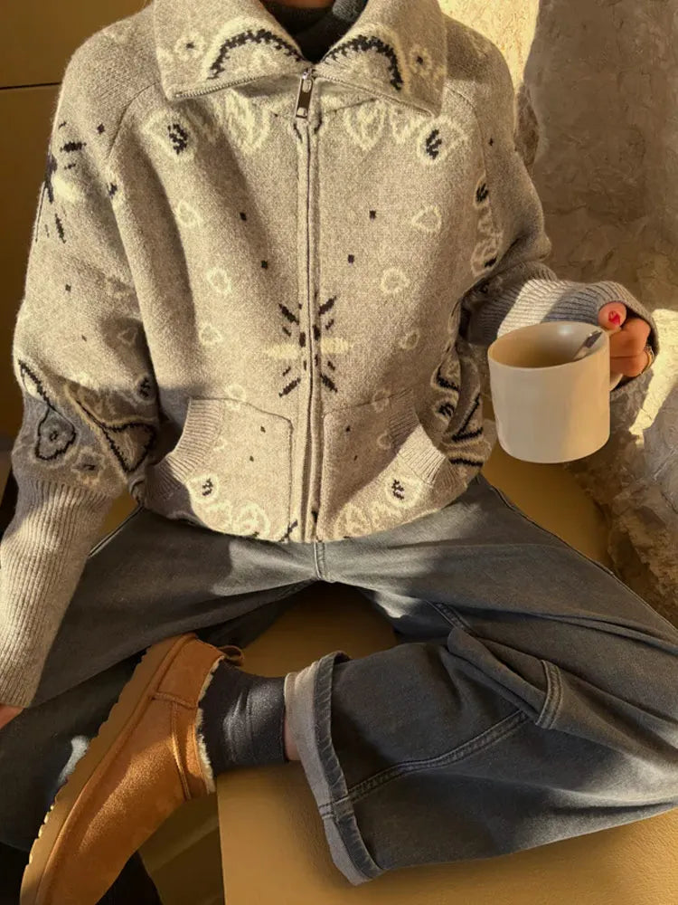 Women's Cardigan Striped Knit Open-Front O-Neck Loose Full-Sleeve Casual Autumn Winter Sweater