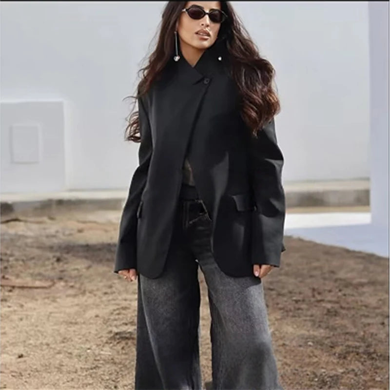 Women's Plaid Stand-Collar Single-Button Blazer Fashion High Street Outwear