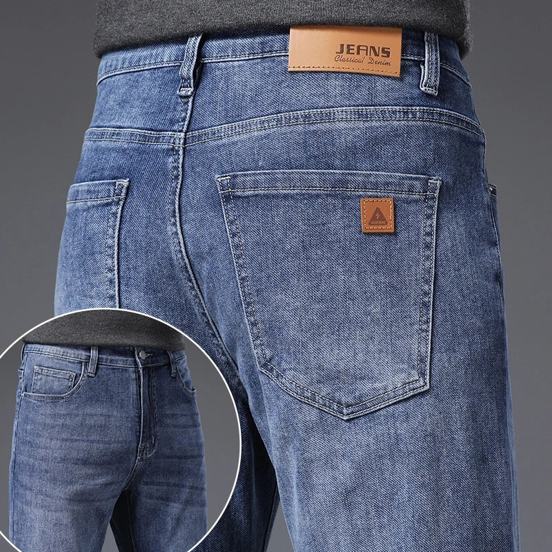 Men's Soft Stretch Straight Jeans Business Casual Slim Fit Wash Denim Pants Korean Fashion Blue Gray Male Brand Trousers