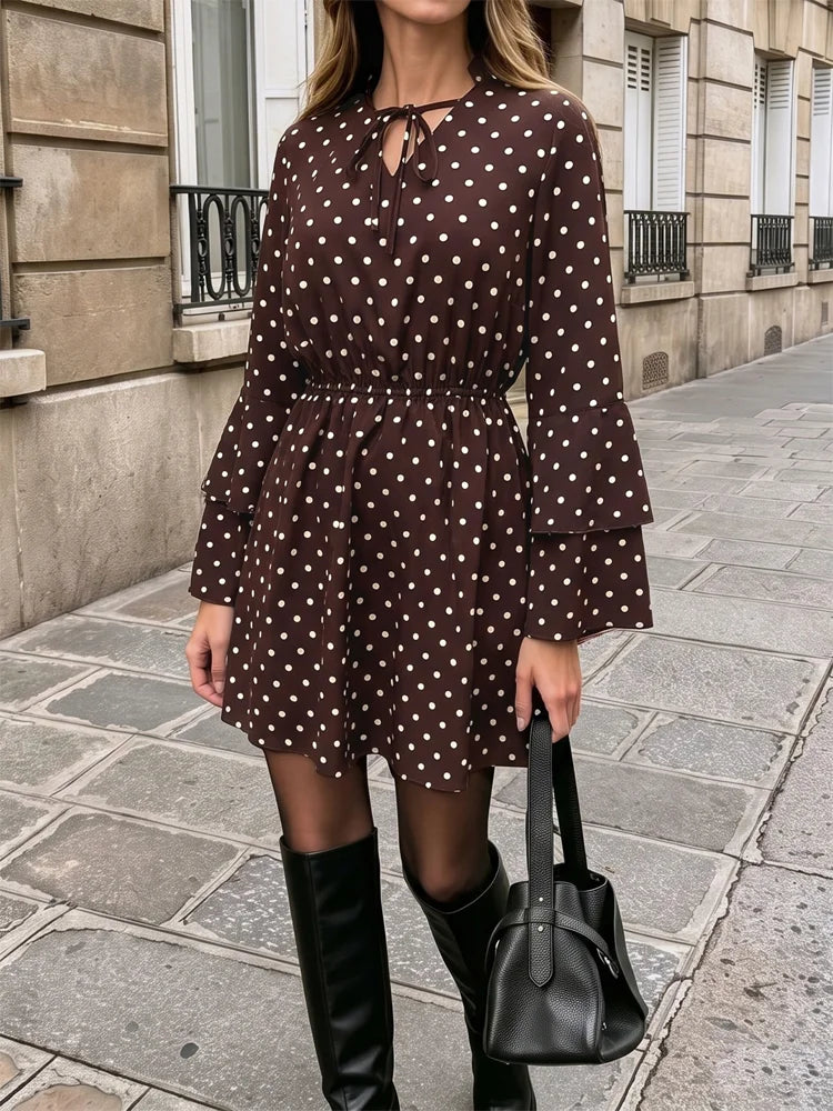 Women's Mini Dress Polka Dot Tie V-Neck Flared Long-Sleeve Slim-Fit Casual Summer Club Dress