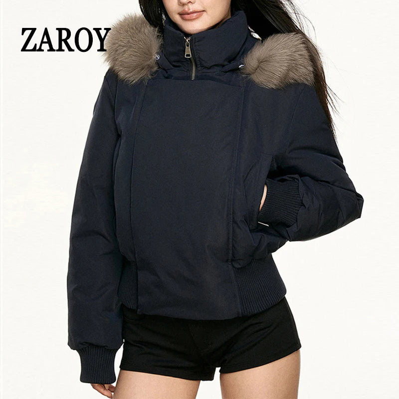 Women's Hooded Winter Bomber Jacket with Faux Fur Trim