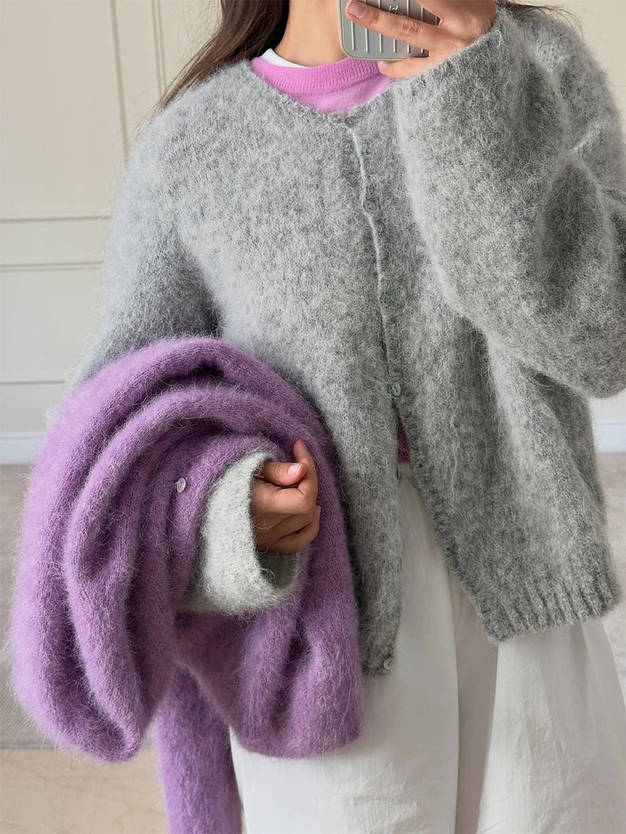 Cardigan Women's Spring and Autumn Loose Round Neck Knitted Jacket Soft Long Sleeved Sweater
