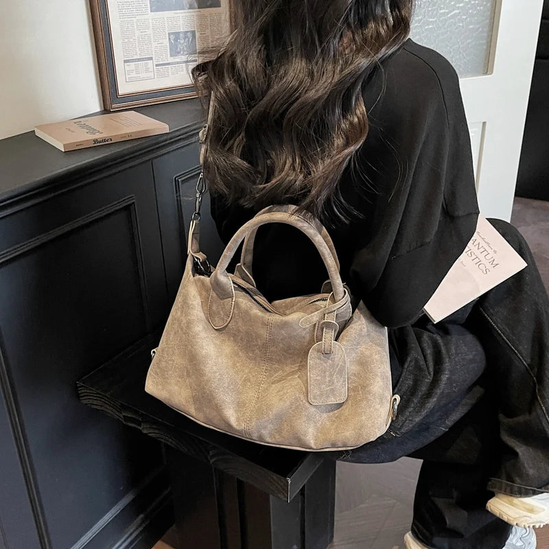 Women's Boston-Style PU Leather Shoulder Bag with Zipper